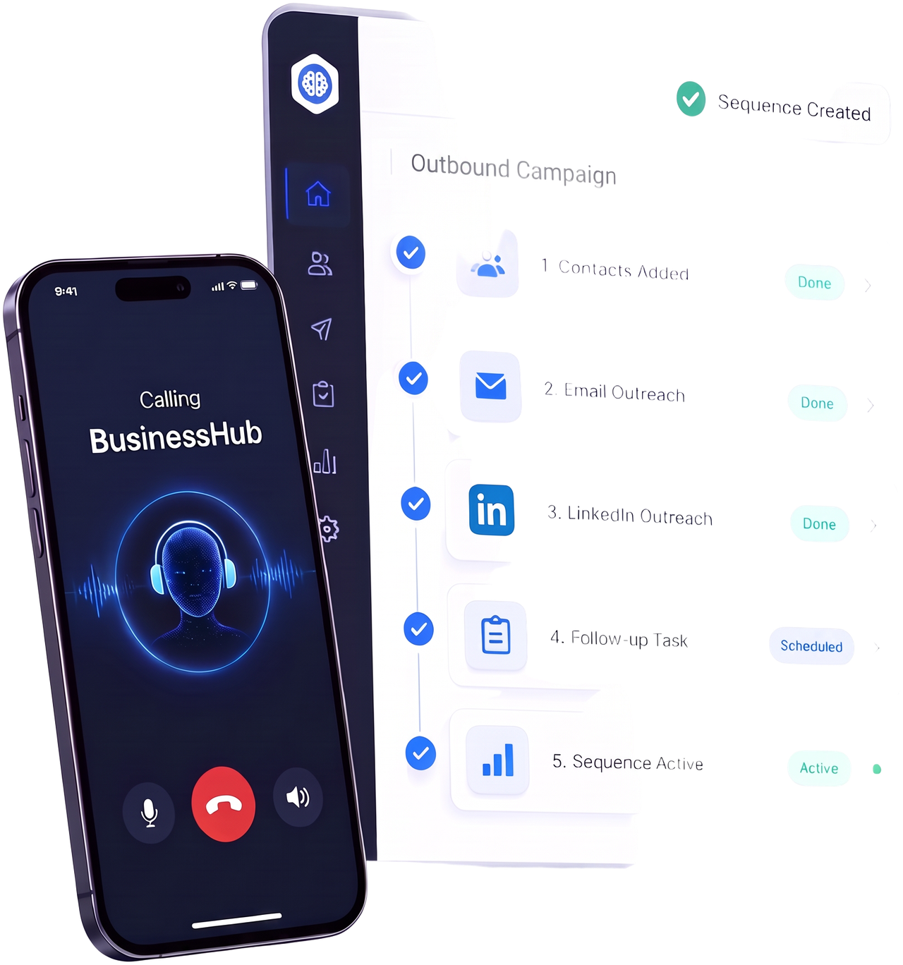 BusinessHub: a phone call with the AI agent beside an outbound campaign sequence in the BusinessHub CRM